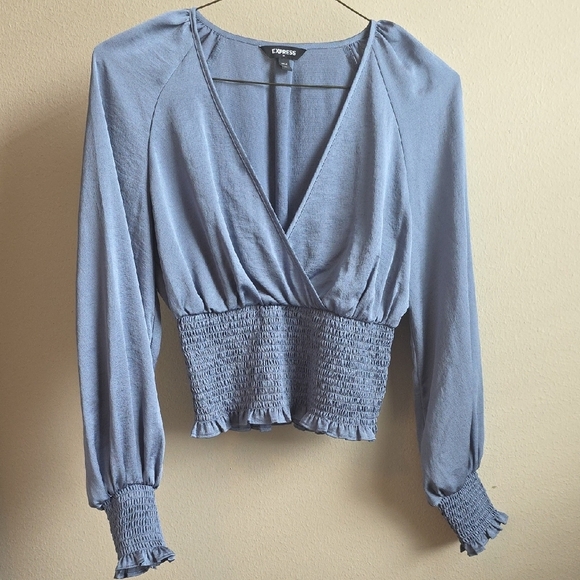 Express Blue Wrap Look Blouse with Smocked Ruffled Sleeves - Picture 1 of 3